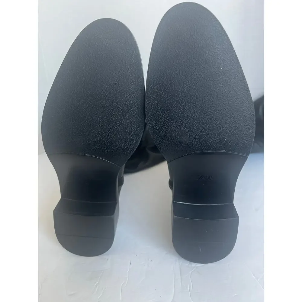 NWT Zara Tall Over The Knee Black Vegan Leather Square‎ Toe Pull On Boots Sz 9